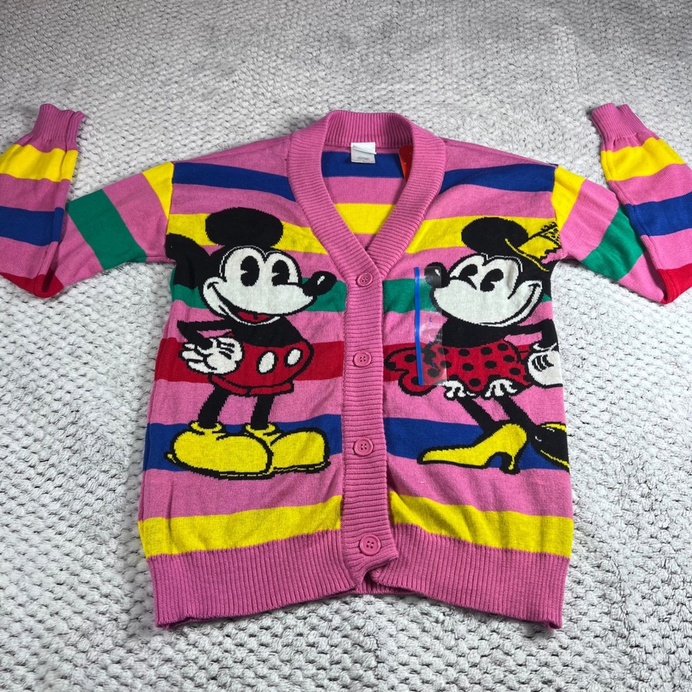 Disney Mickey Minnie Mouse Cardigan Sweater Pink Rainbow Stripe Size LARGE NWT - Picture 3 of 13